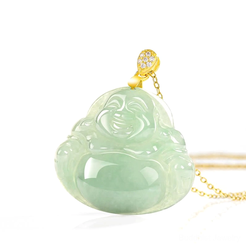 Laughing buddha jade pendant necklace with titanium steel chain attached, overhead view