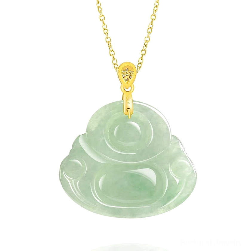 Back side of jade laughing buddha pendant showing smooth carved surface and simple gold bail