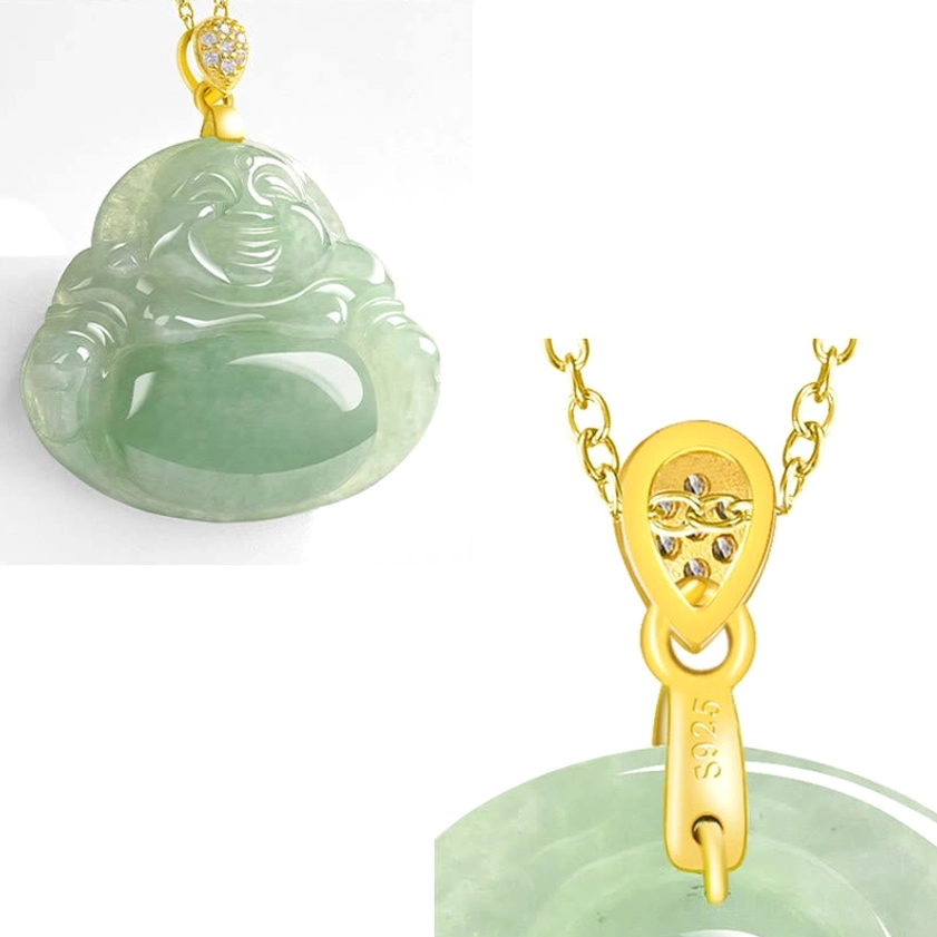 Single natural jade laughing buddha pendant close-up three-quarter view showing carving details