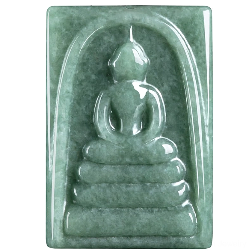 Close-up dimension reference of jade Buddha amulet pendant showing carving depth and proportions