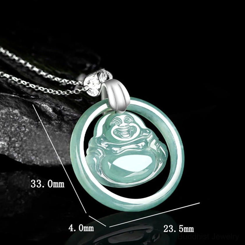 Jade Buddha pendant with measurement marks - oblique side view showing exact pendant dimensions on dark background