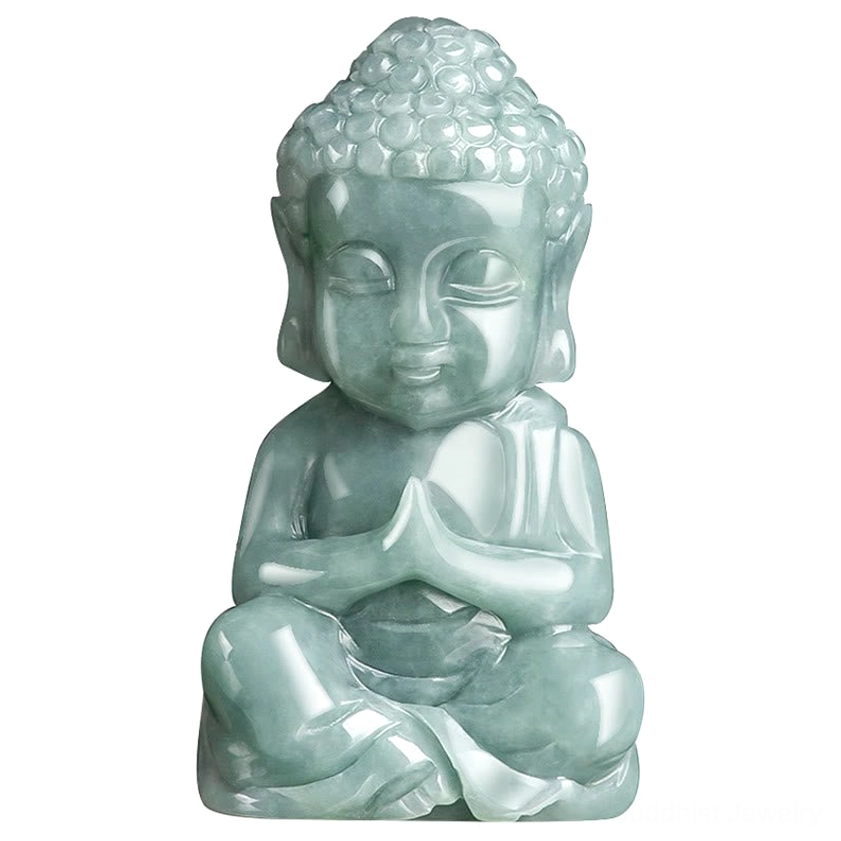 Front studio view of carved jade Buddha pendant in meditation pose, detailed close-up showing facial features and natural jade grain patterns
