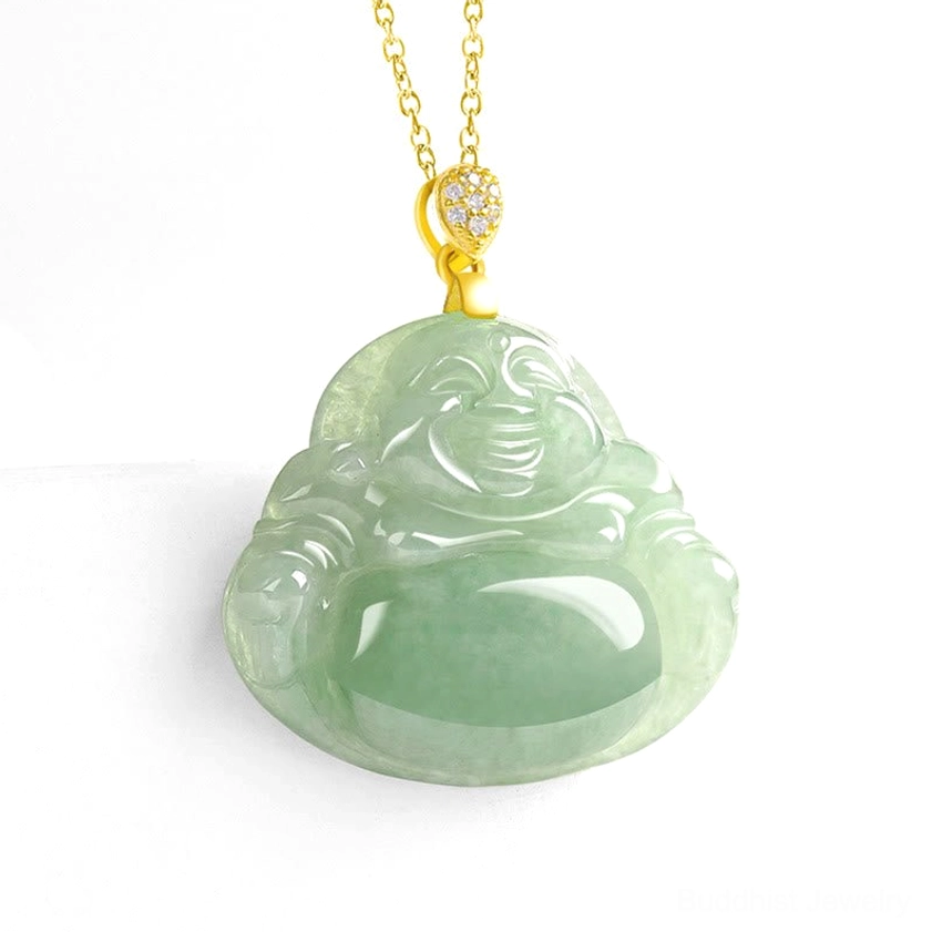 Natural light green jade buddha pendant with gold-plated CZ decorated bail, front angle view