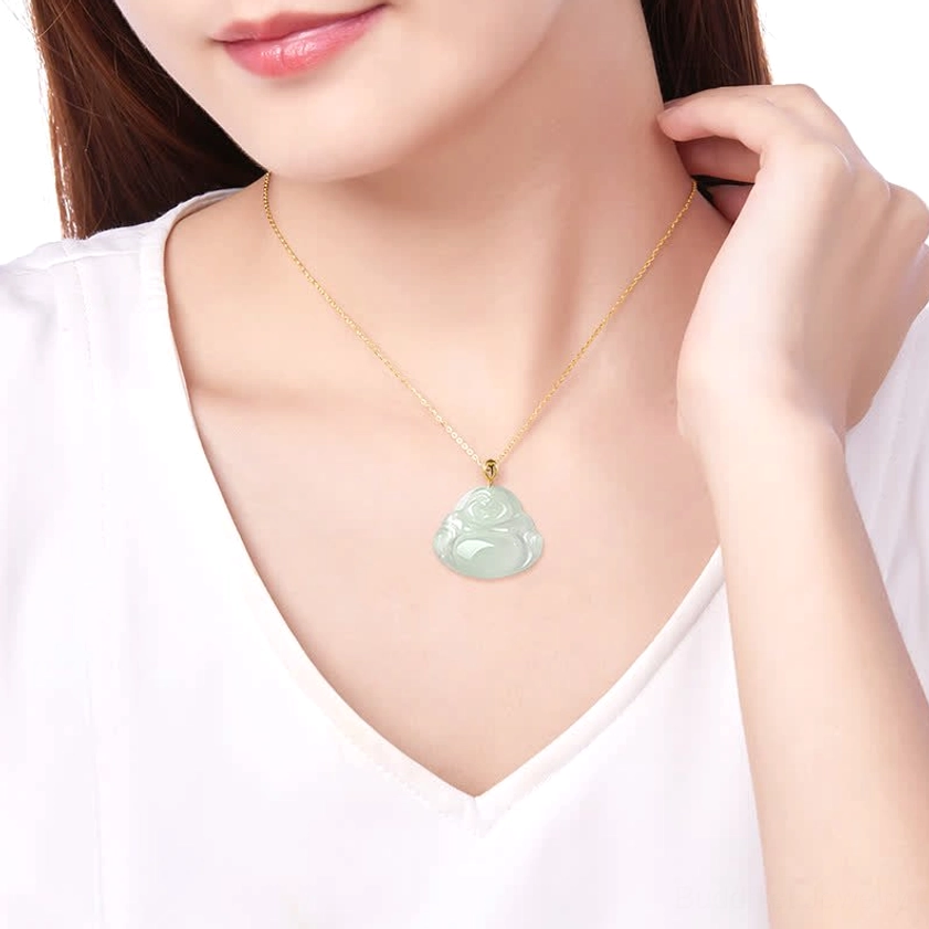 Jade Laughing Buddha necklace worn at collarbone on model, daily wear spiritual jewelry styling