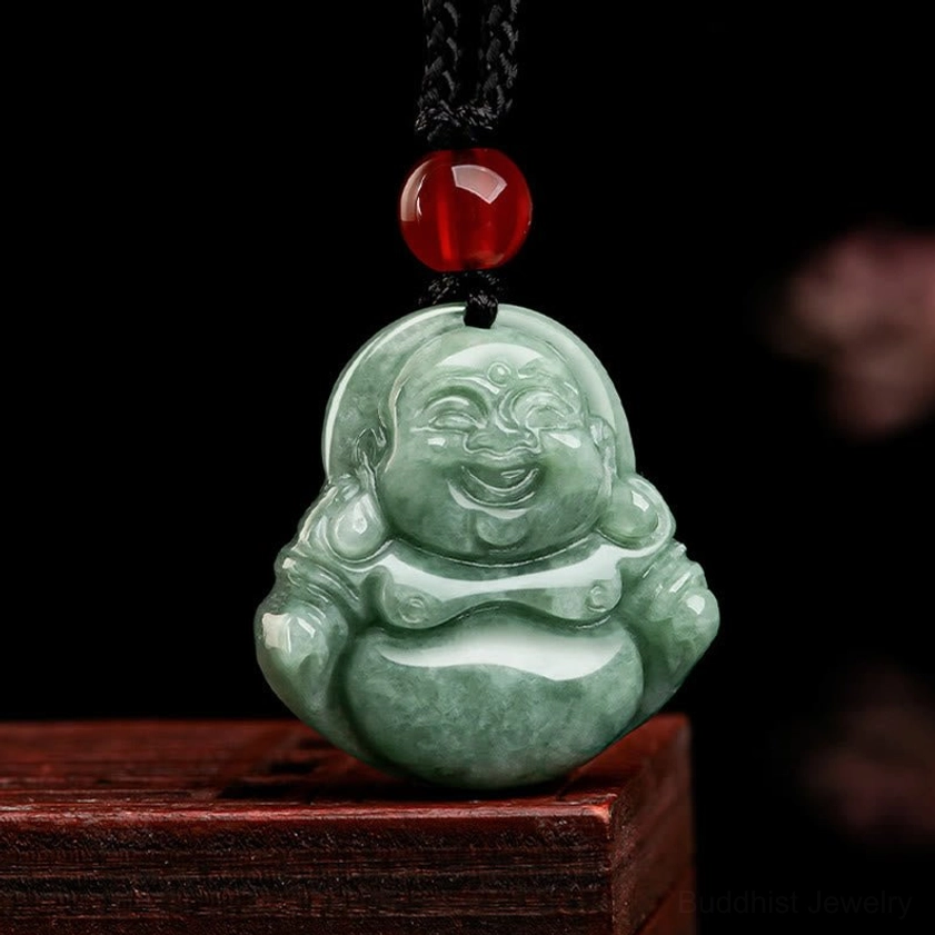 Green jade Laughing Buddha necklace side angle view displaying pendant depth and carving details