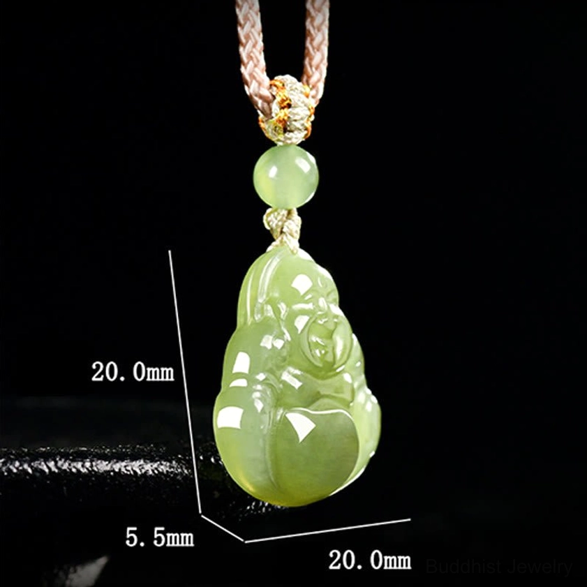 Side angled view of green jade laughing Buddha pendant with dimension markings showing size reference for the Buddhist necklace pendant