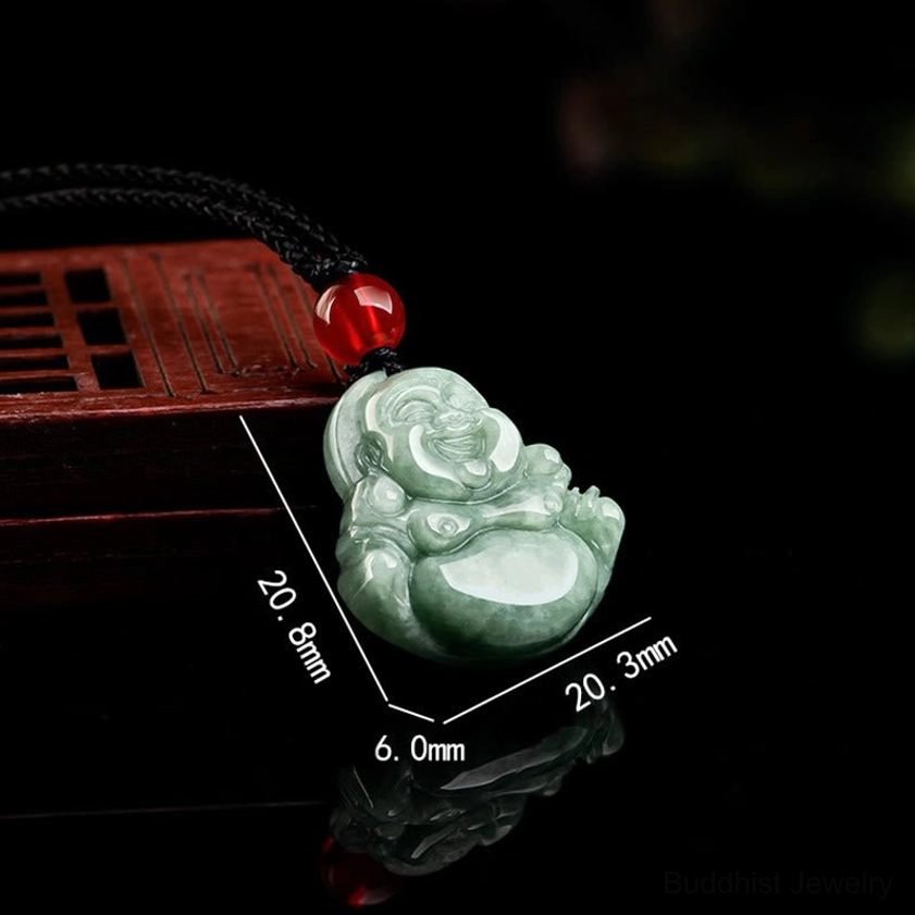 Green jade Laughing Buddha pendant with size dimension measurements and specifications displayed