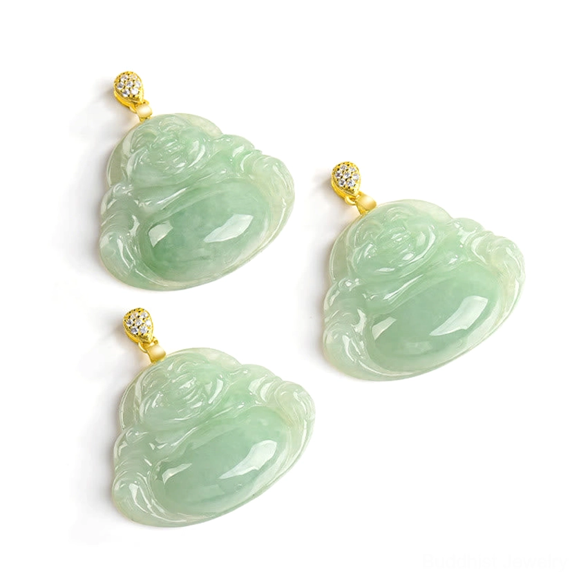 Set of three identical natural jade laughing buddha pendants with gold CZ bails, overhead view