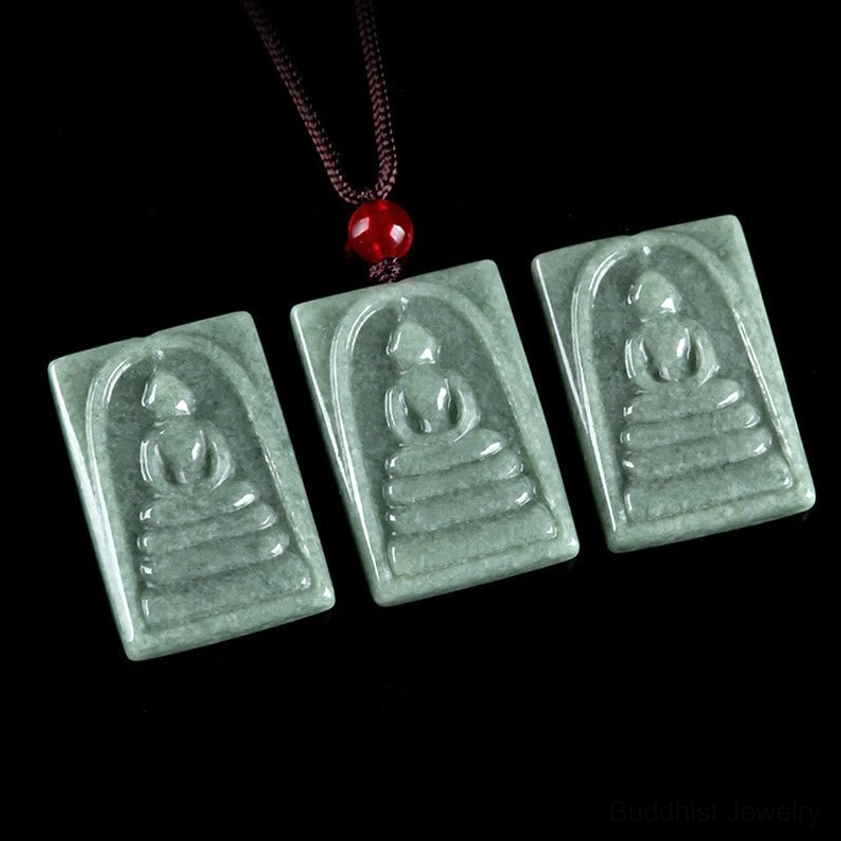 Set of three matching jade Buddha square pendants, identical hand-carved design showing uniform bean-green jade color