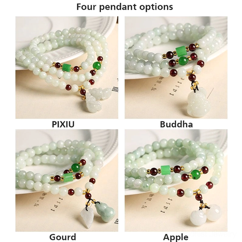 Four styles of handcrafted jade buddhist bracelets displayed in grid: Pixiu, Laughing Buddha, Gourd, and Apple pendants with matching jade beaded chains
