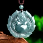 Natural jade laughing Buddha lotus pendant necklace frontal view with brown adjustable cord