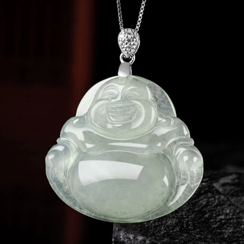 Jade Laughing Buddha necklace pendant with sparkling decorative silver clasp and inlaid stones on base