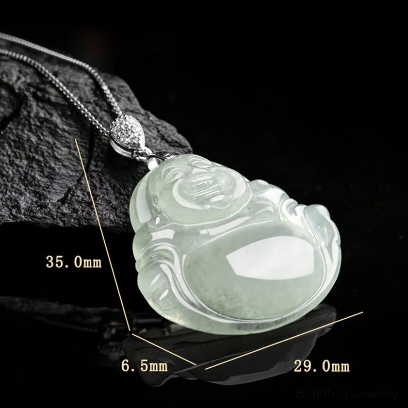 Natural jade Buddhist Laughing Buddha necklace pendant with titanium steel chain full length view