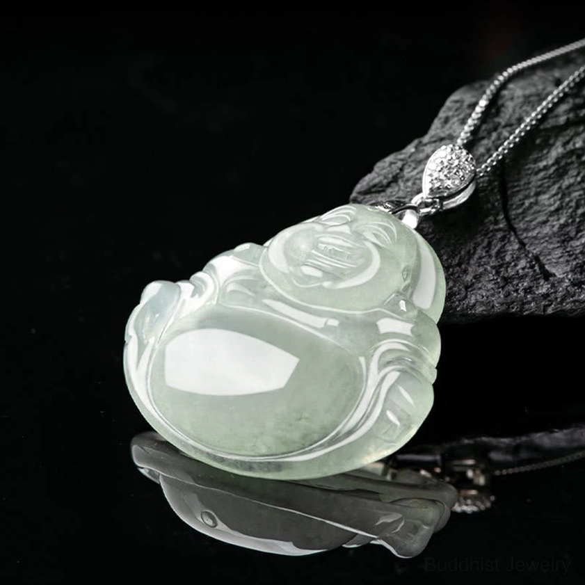 Laughing Buddha jade Buddhist pendant necklace side view showing ornate silver chain and clasp