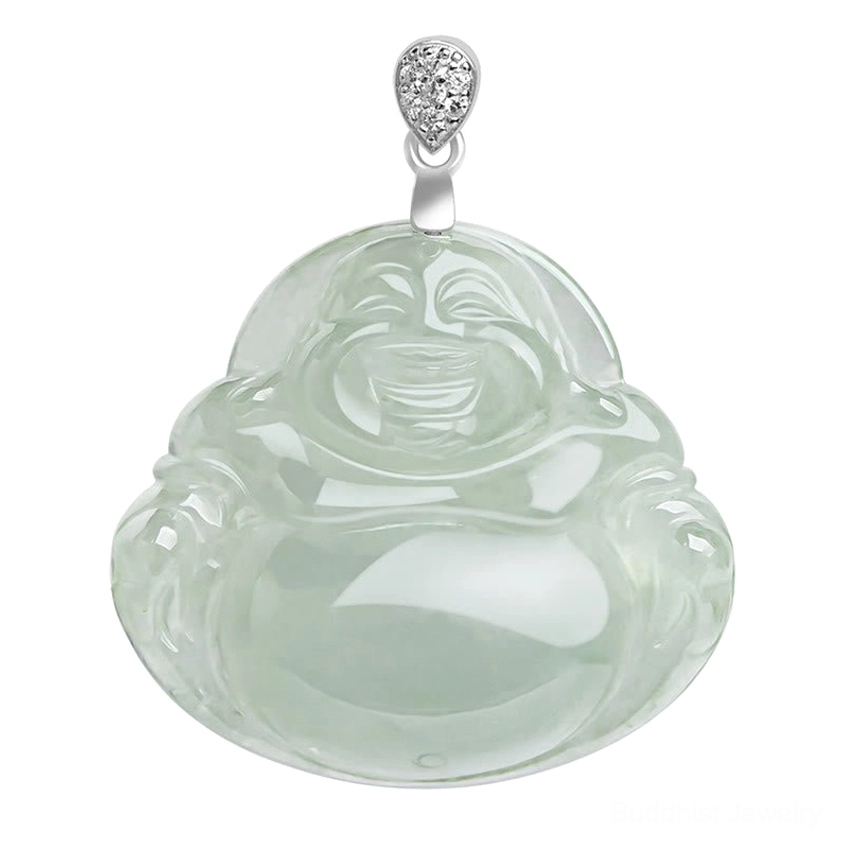 Laughing Buddha jade pendant necklace close-up showing fine carving details and jade stone quality