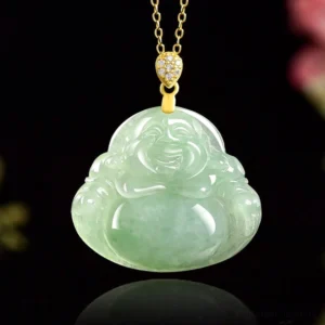 Natural green jade laughing buddha pendant necklace with gold CZ bail, front close-up view