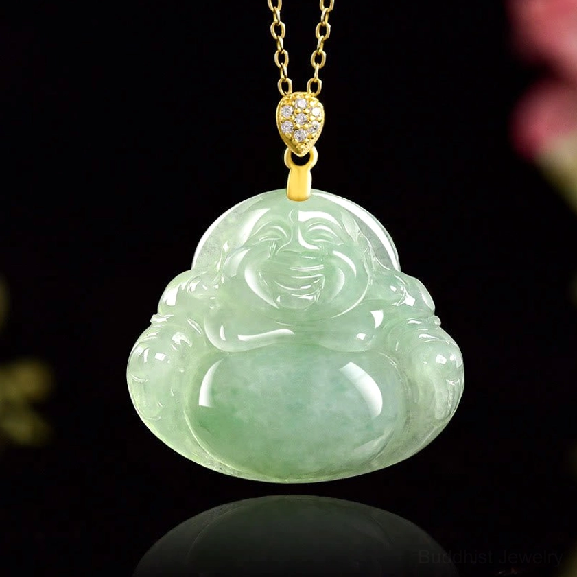 Natural green jade laughing buddha pendant necklace with gold CZ bail, front close-up view