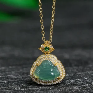 Authentic green jade Laughing Buddha pendant necklace with gold-plated setting and CZ stones, front view
