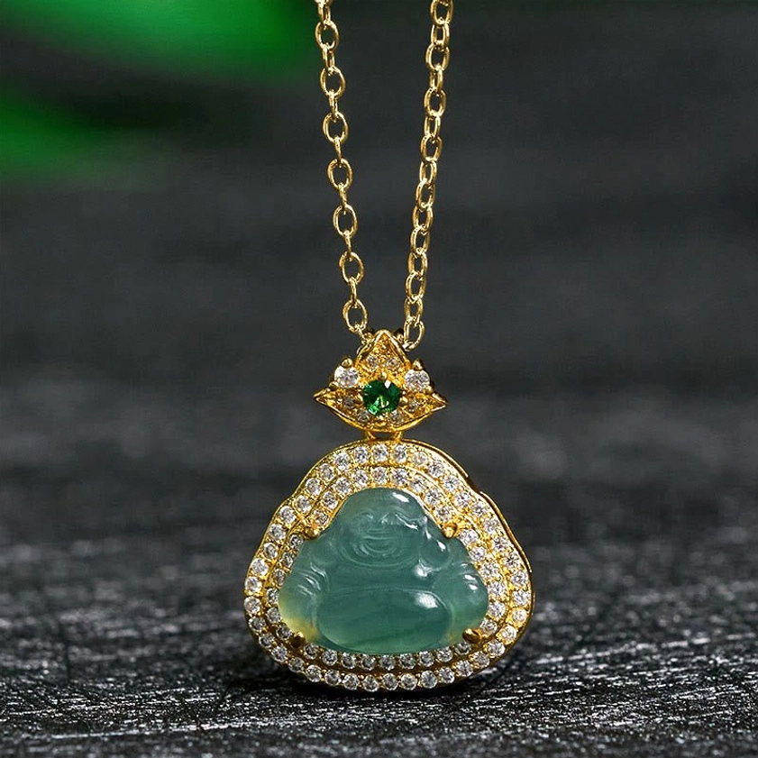 Authentic green jade Laughing Buddha pendant necklace with gold-plated setting and CZ stones, front view