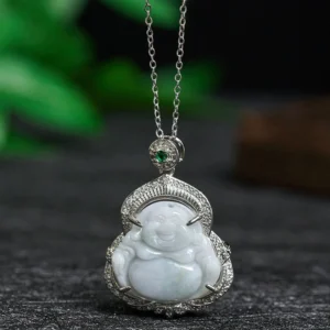 Natural jade Laughing Buddha pendant necklace front view with silver crystal frame and green gem bail