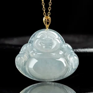 Authentic natural jade Laughing Buddha pendant necklace with gold bail, front overhead view showing translucent light green jade carving