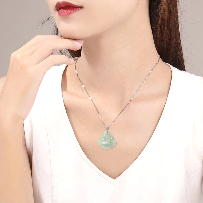 Laughing Buddha jade necklace pendant worn on female neck showing delicate titanium steel chain fit