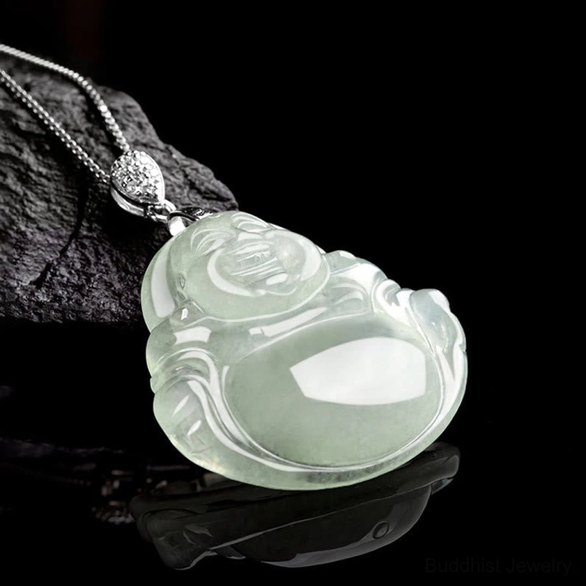 Polished light green jade Laughing Buddha pendant necklace oblique angle showing smooth carving details