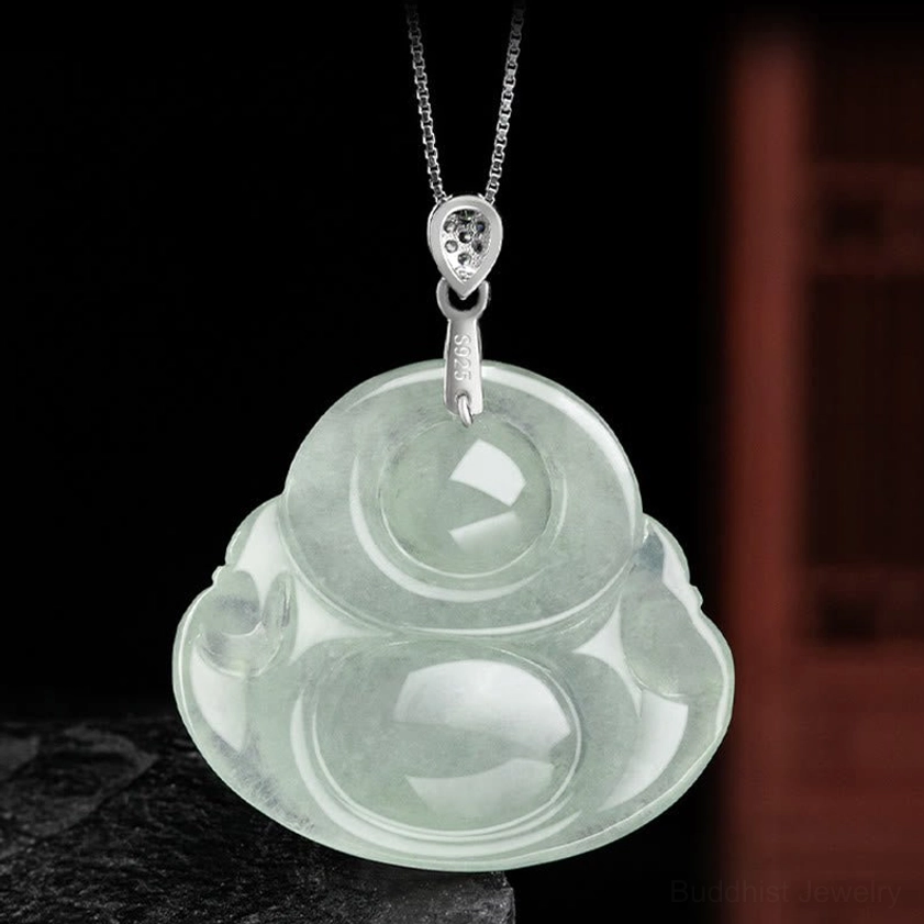 Laughing Buddha jade pendant rear view showing rounded smooth back carving on stone base