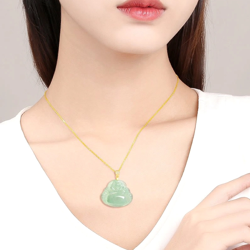 Natural green jade laughing buddha necklace pendant with titanium steel chain and gold bail