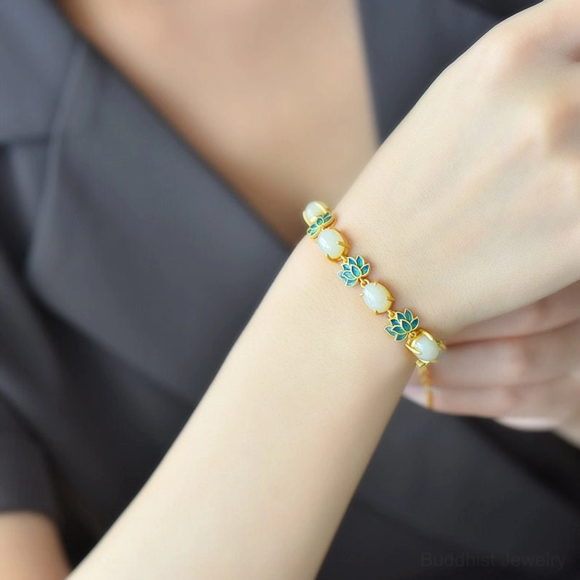 Handmade Buddhist jade lotus bracelet worn on wrist showing daily wearing style and comfort fit