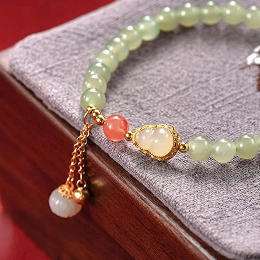Hetian jade lotus gourd bracelet 925 sterling silver prosperity charm details