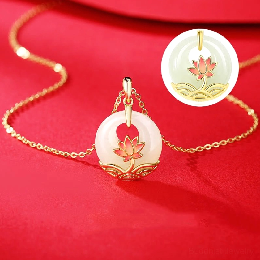Overhead flat lay of hetian white jade lotus flower pendant necklace with circular pendant preview detail