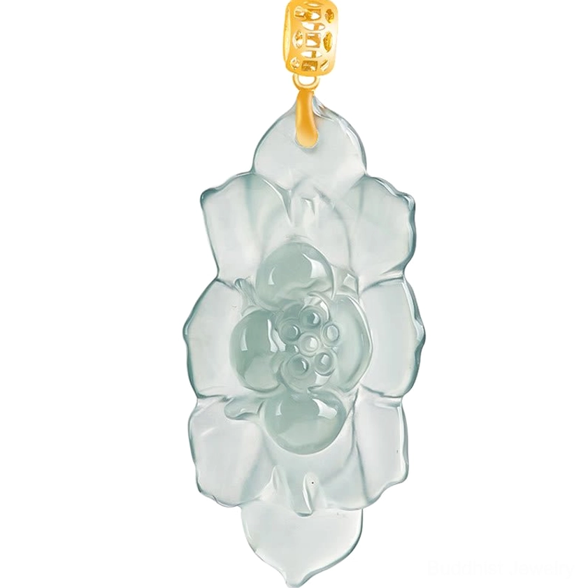 Buddhist jade lotus pendant necklace product showcase with gold-toned hardware and natural cyan-blue translucent jade stone