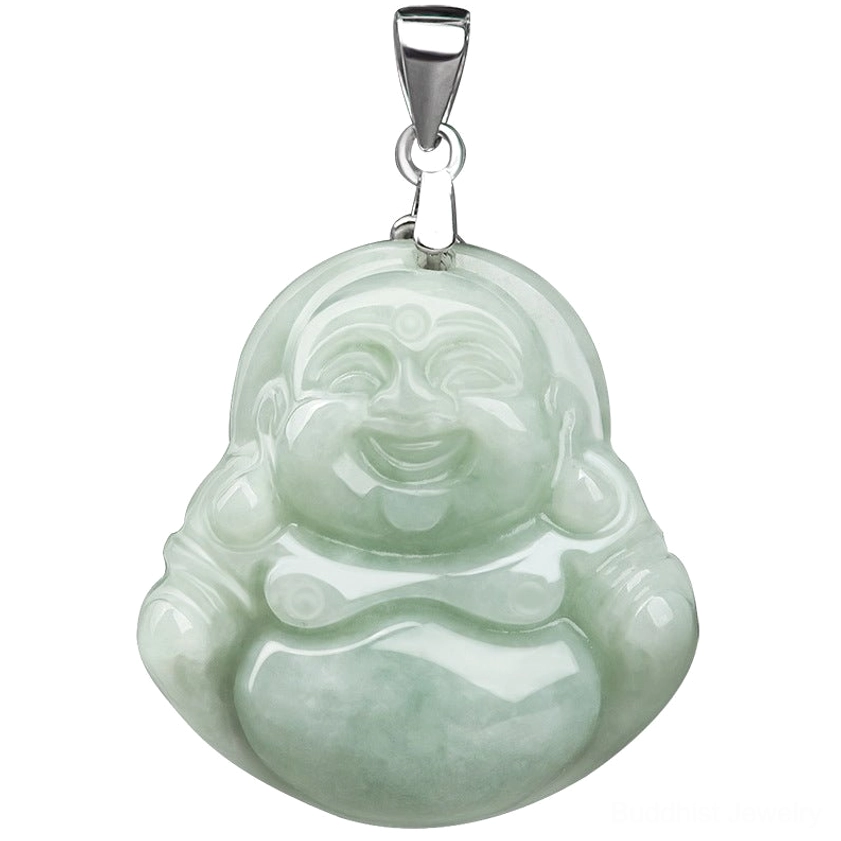 Large full-sized Laughing Buddha jade pendant necklace front view with rounded smiling Buddha smooth jade surface and metal top clasp on dark background