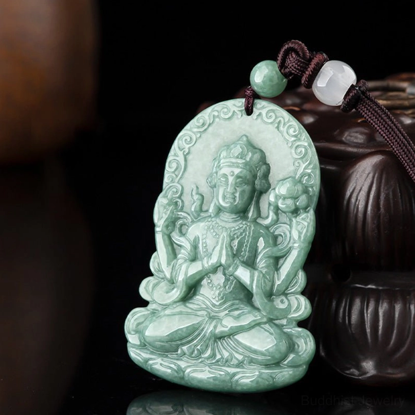 Avalokitesvara jade pendant necklace angled view with premium cotton string