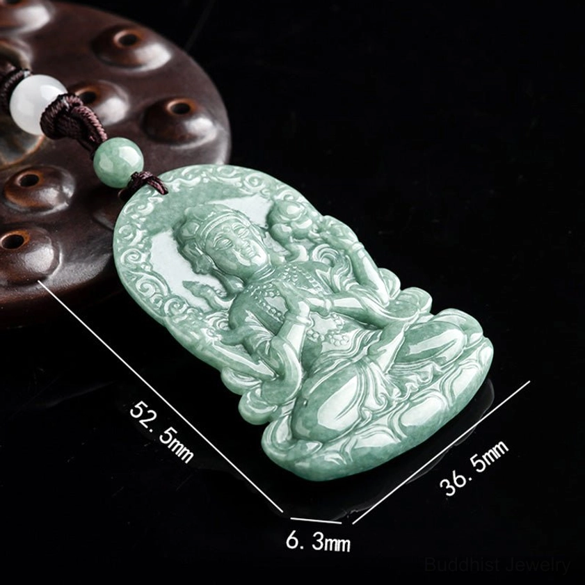 Four-armed Avalokitesvara jade pendant necklace with size measurements 52.5x36.5x6.3mm specification