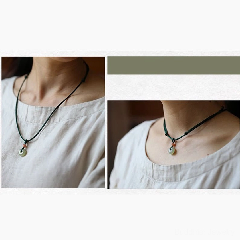 Thin jade choker necklaces comparison showing black and green cord styles worn on neck