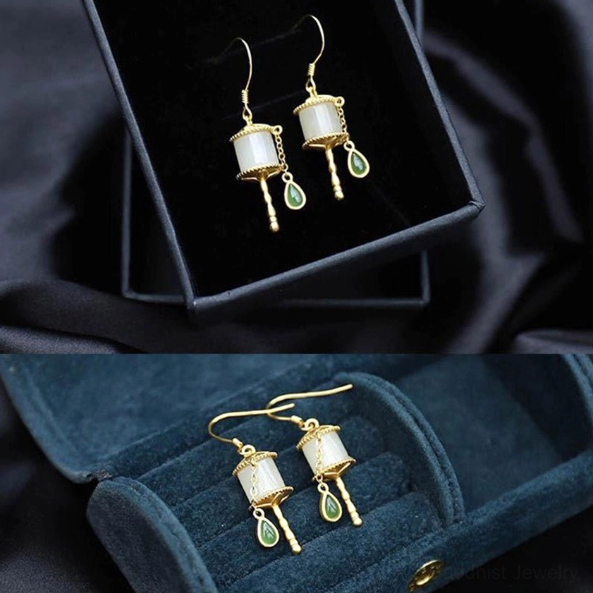 925 sterling silver jade prayer wheel drop earrings lifestyle photography showing everyday wear elegance and versatility