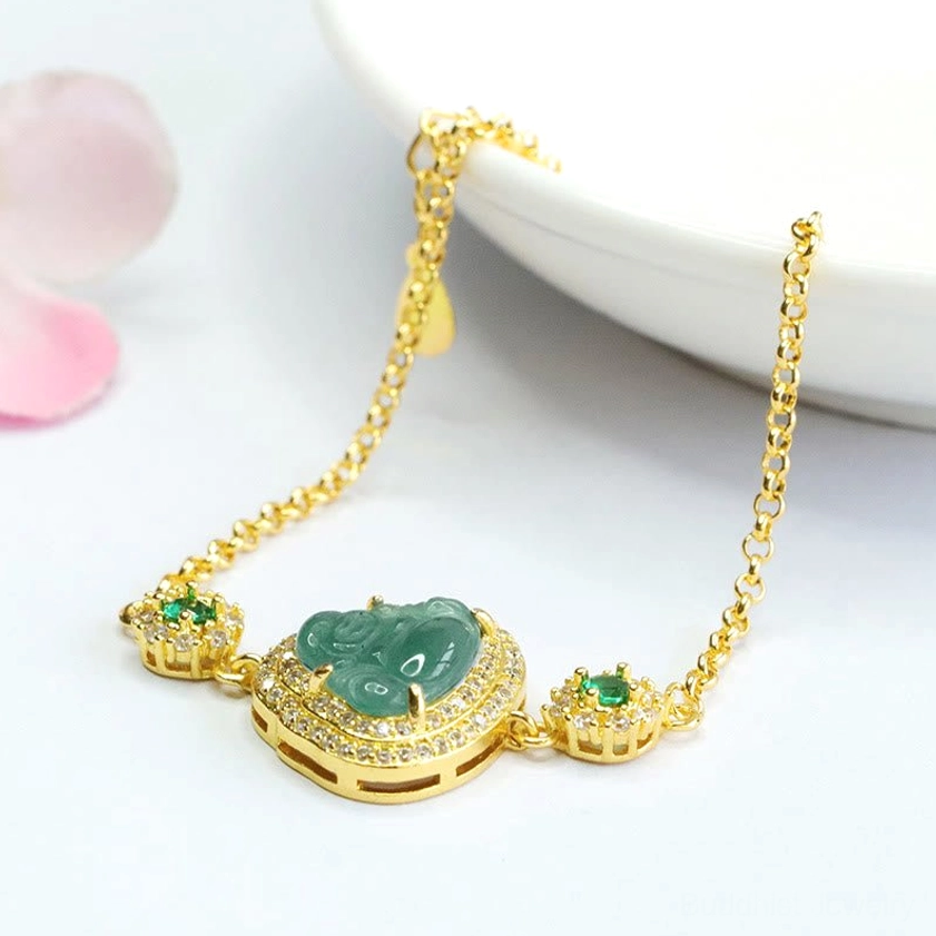 Green jade Buddhist bracelet with Laughing Buddha charm in profile view showcasing delicate gold-plated setting
