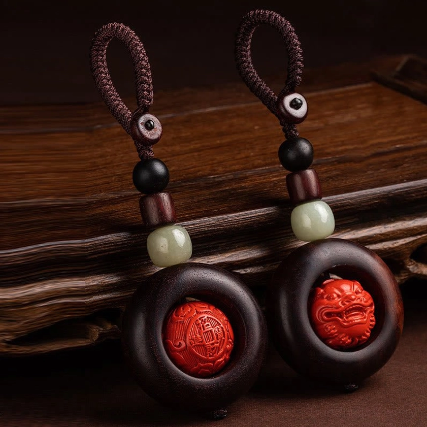 Jade and red sandalwood combination in Buddhist keychain for balance, calm, and spiritual harmony