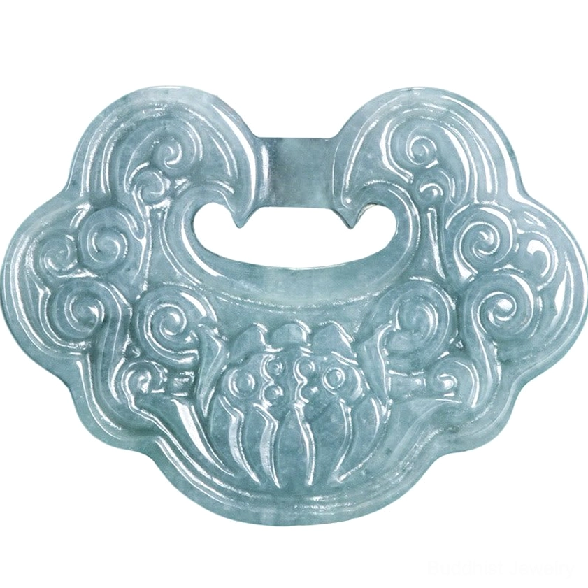 Single hand-carved light blue jade Ruyi lock pendant with intricate cloud and floral pattern top-down view