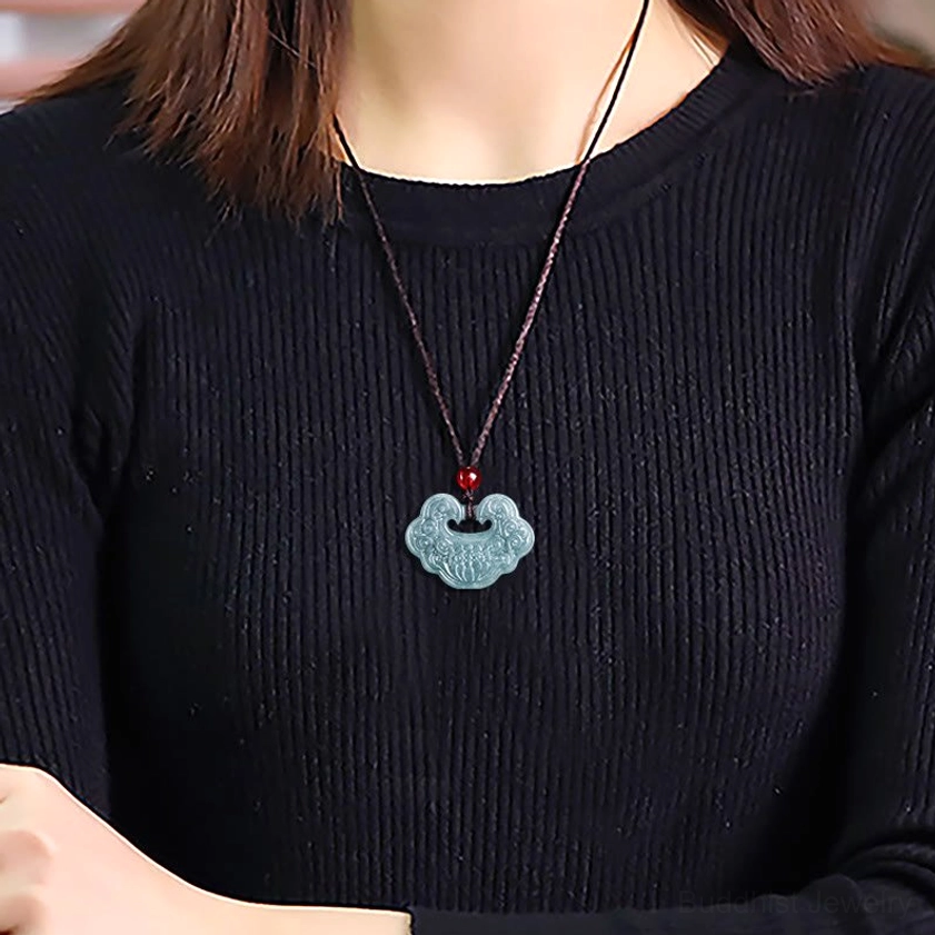 Jade Ruyi lock Buddhist pendant necklace worn on woman neck wearable lifestyle shot