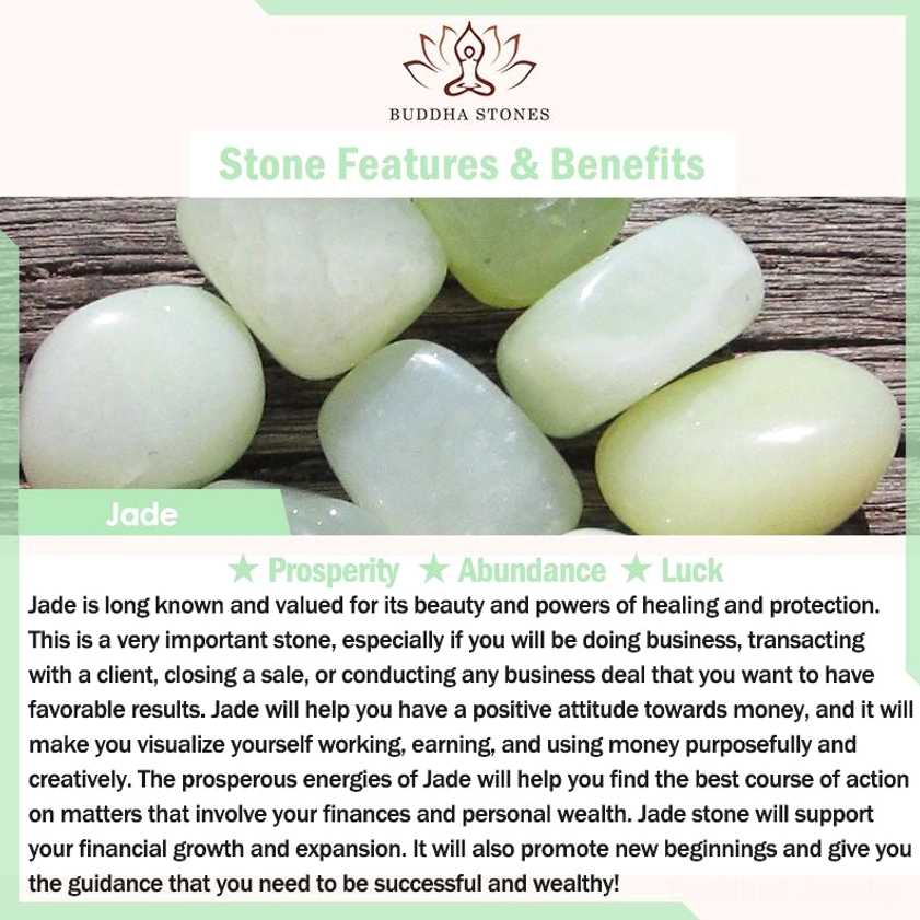 Jade stone properties card showing prosperity abundance luck benefits and meanings