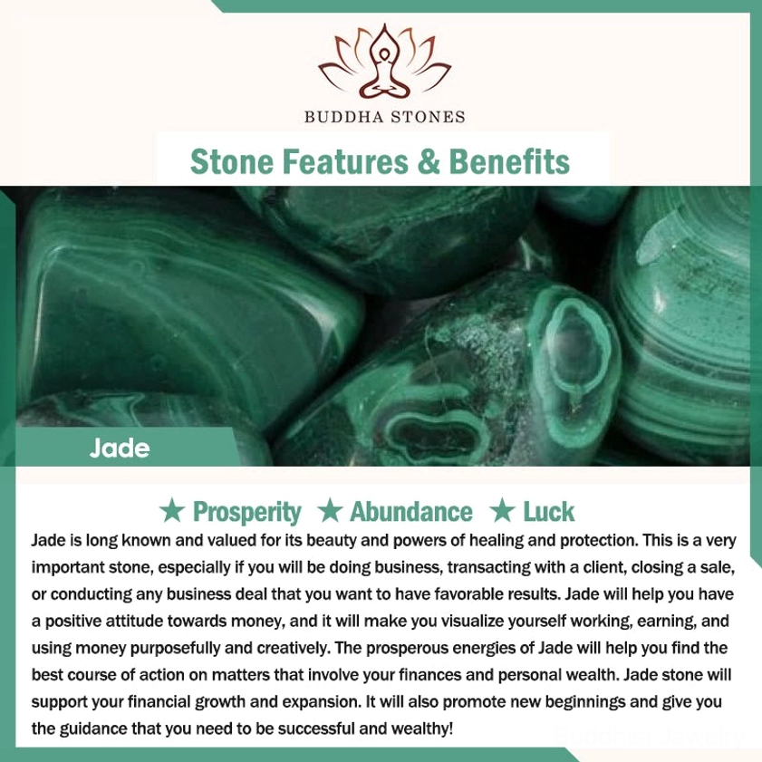 Jade stone benefits guide card highlighting prosperity, abundance, luck, wealth attraction, and healing properties of natural jade