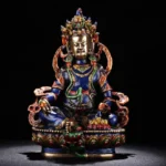 Yellow Jambhala Bodhisattva copper statue front view, hand-sculpted with cloisonné enamel detailing, gilt bronze features, and ornate lotus base