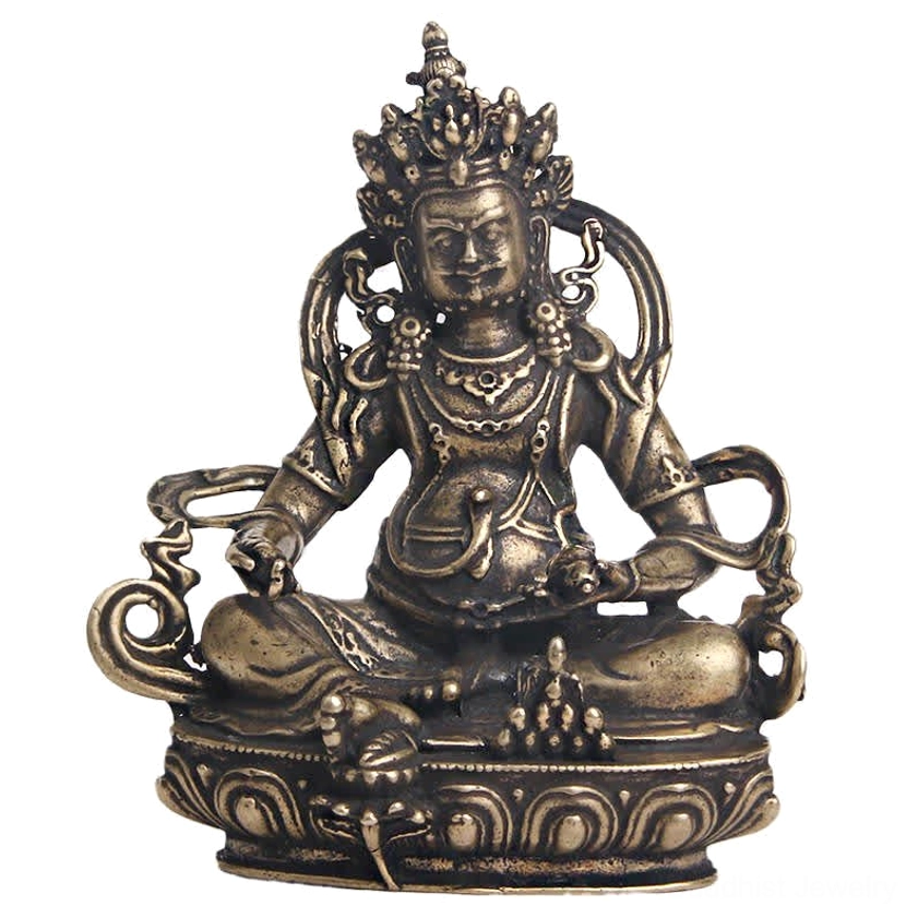 Yellow Jambhala Buddha statue front close-up detail of chest jewelry, face carvings, and antique bronze finish