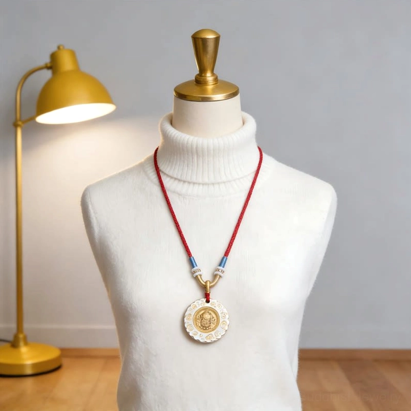 Yellow Jambhala Buddhist necklace worn on mannequin in home setting, red pendant cord with neutral interior decoration backdrop