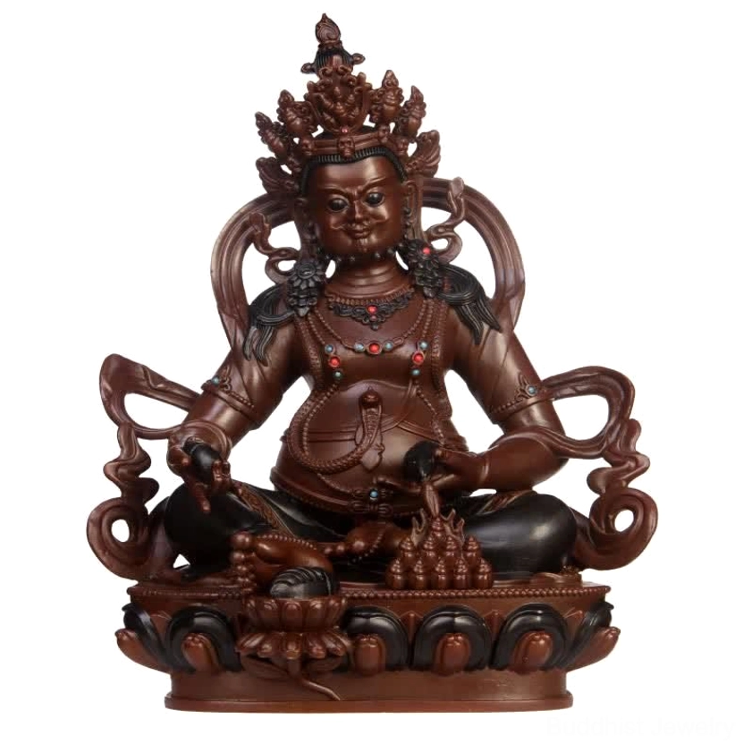 Yellow Jambhala copper Buddha figurine front view with bright surface lighting