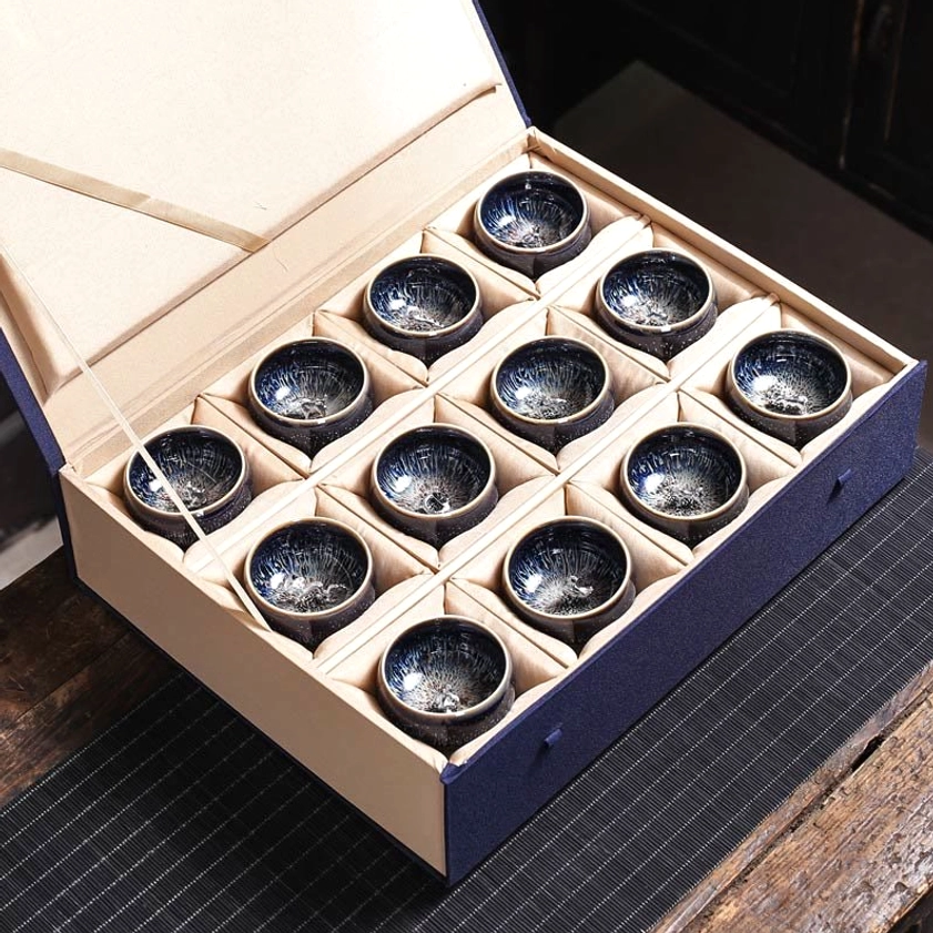Luxury 12 zodiac Jian Zhan tea cup gift box set, complete collection for collectors and spiritual enthusiasts