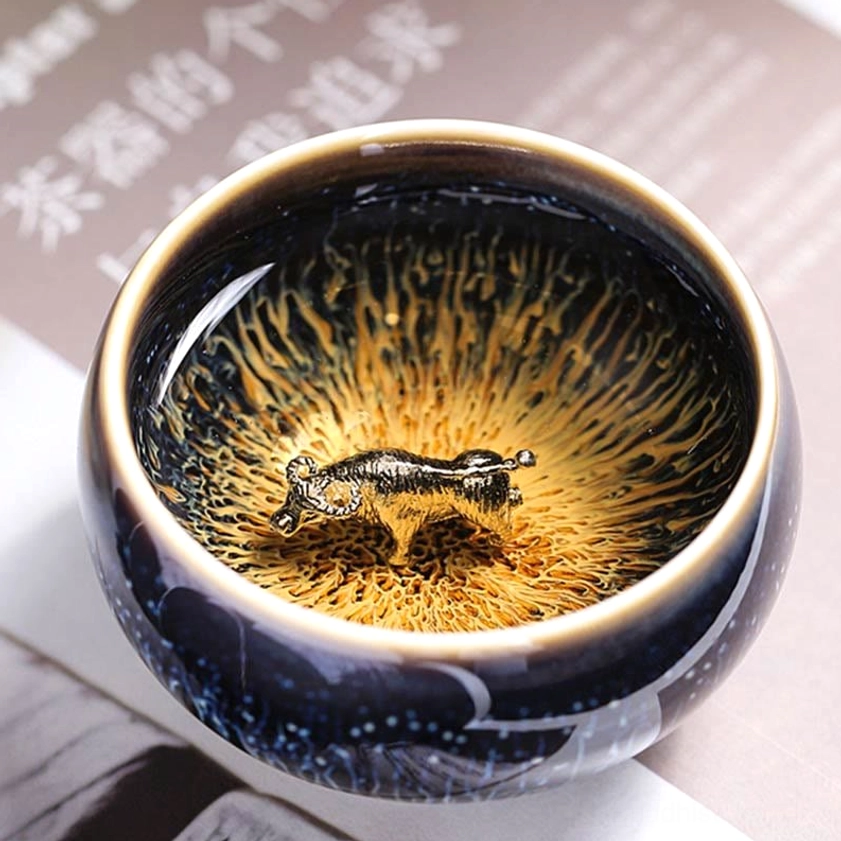 Jian Zhan ceramic tea cup goat zodiac sign design with handmade crystalline glaze and harmonizing energy